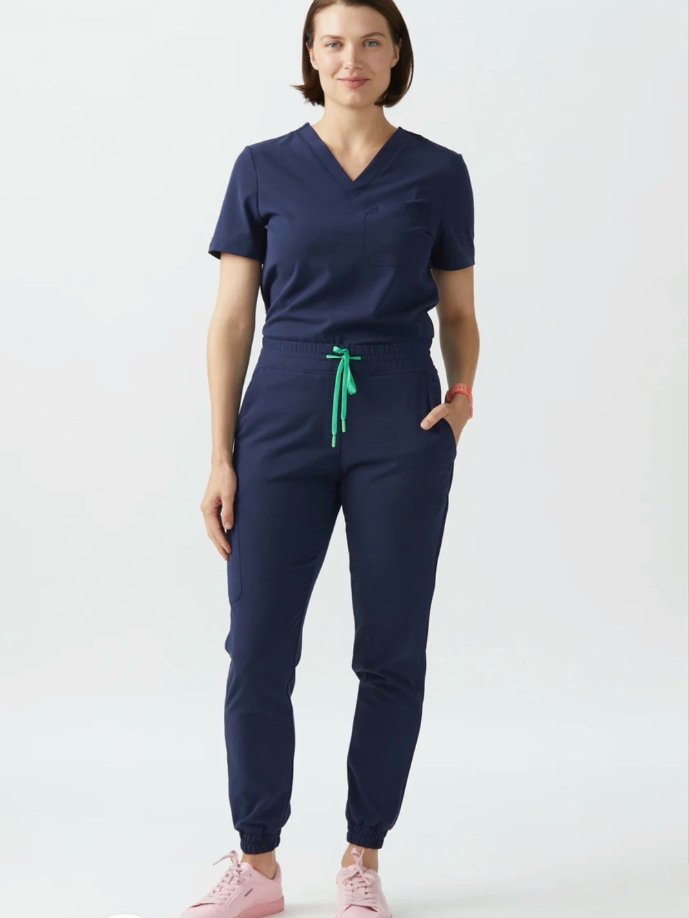 Navy Women's Scrub Jogger Pants and scrub top  with Green Drawstring